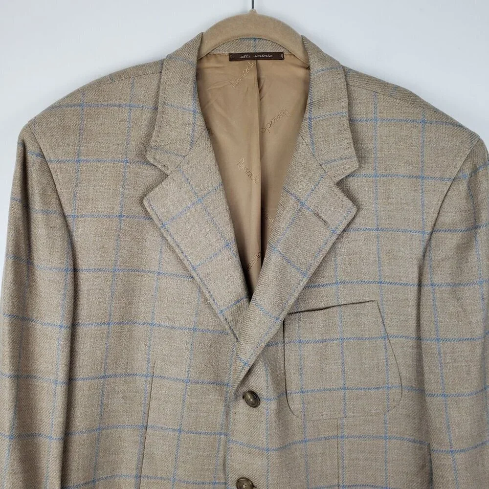 Ravazzolo Beige Plaid Wool Cashmere Three Button Blazer Jacket Mens 52/US 42